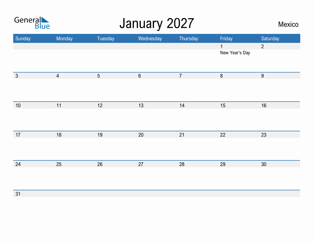 January 2027 Calendar with Mexico Holidays