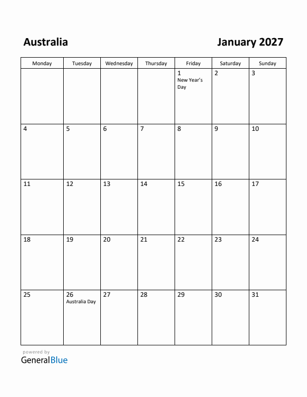 January 2027 Calendar with Australia Holidays