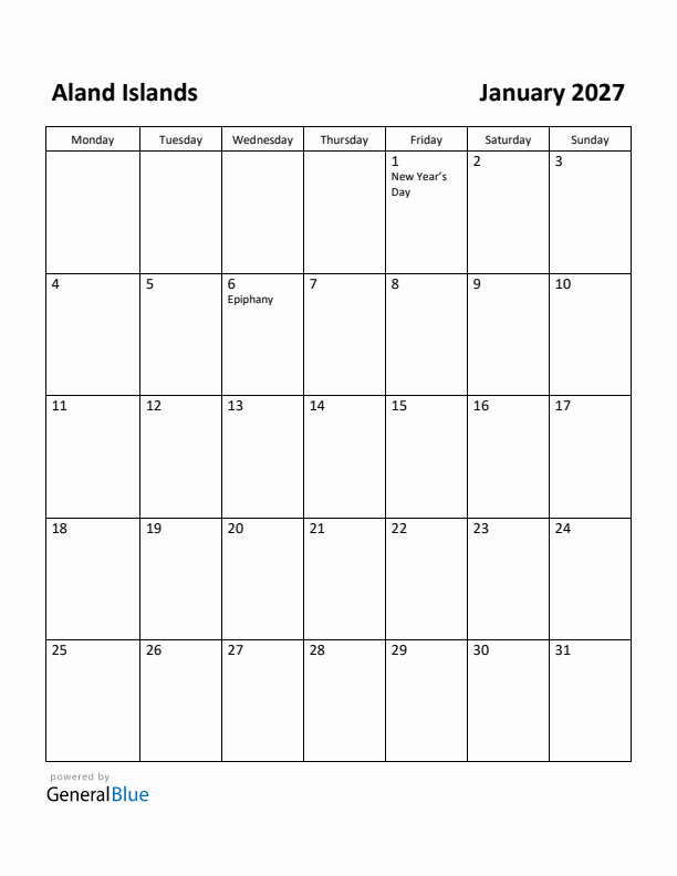 January 2027 Calendar with Aland Islands Holidays