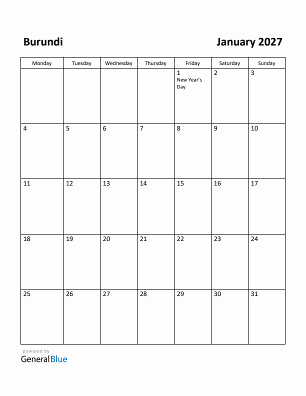 January 2027 Calendar with Burundi Holidays