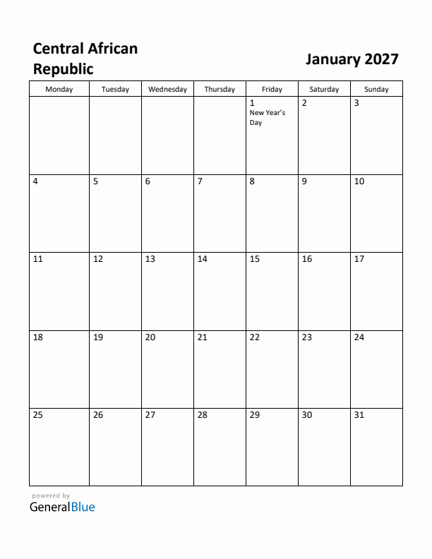 January 2027 Calendar with Central African Republic Holidays