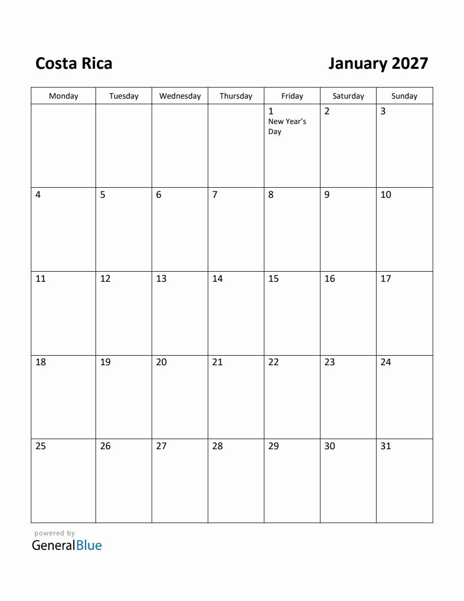 Free Printable January 2027 Calendar for Costa Rica