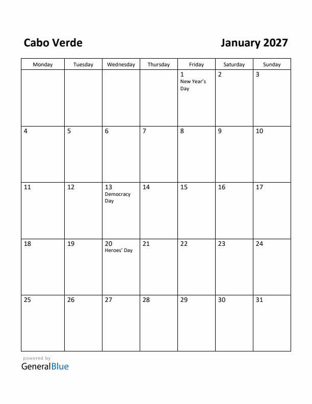 January 2027 Calendar with Cabo Verde Holidays