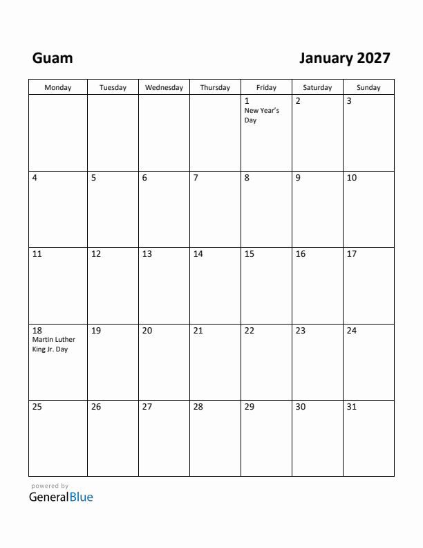 January 2027 Calendar with Guam Holidays