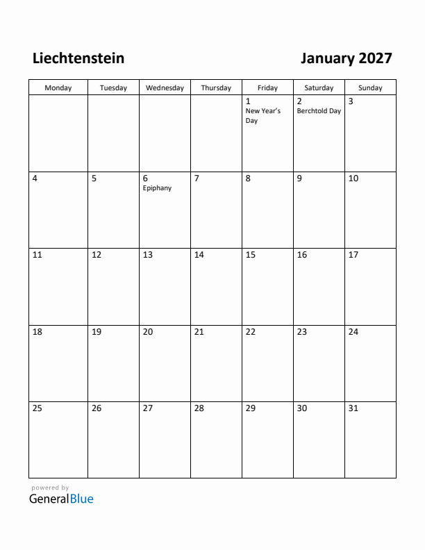 January 2027 Calendar with Liechtenstein Holidays
