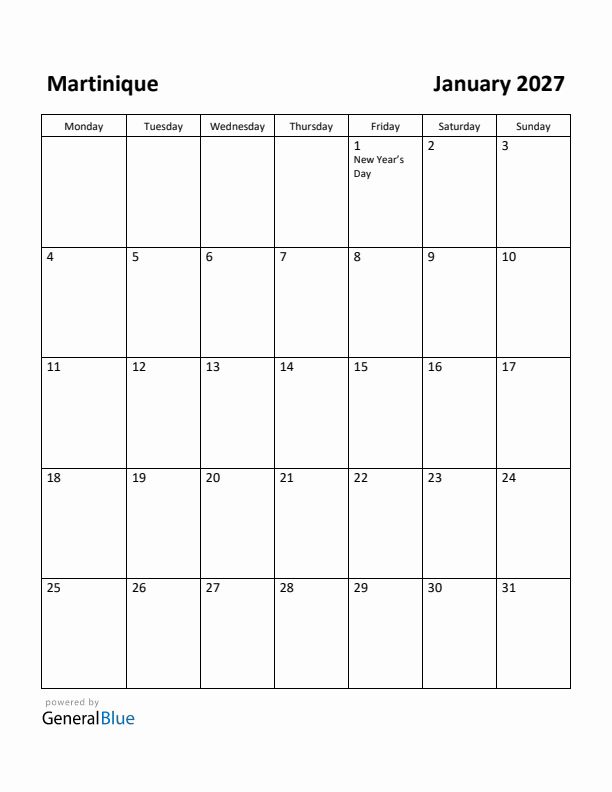 January 2027 Calendar with Martinique Holidays