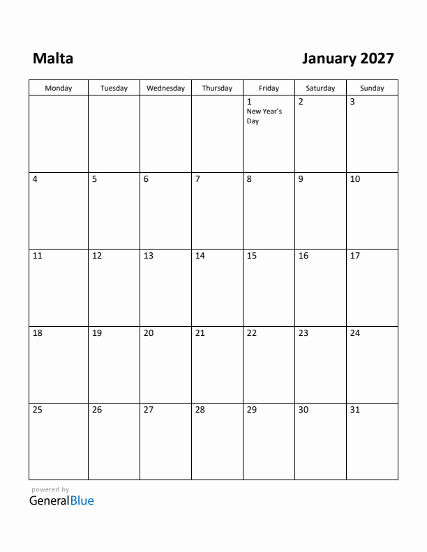 January 2027 Calendar with Malta Holidays