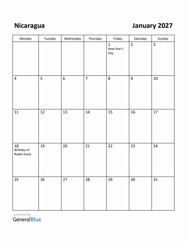 January 2027 Calendar with Nicaragua Holidays