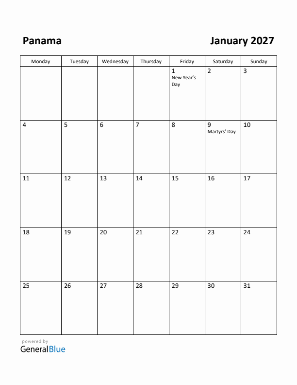 January 2027 Calendar with Panama Holidays