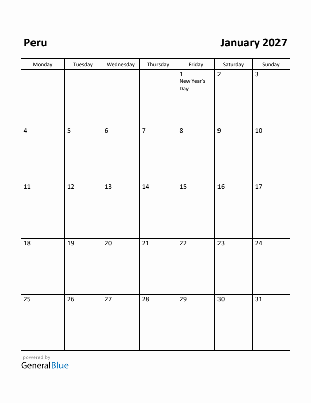 January 2027 Calendar with Peru Holidays