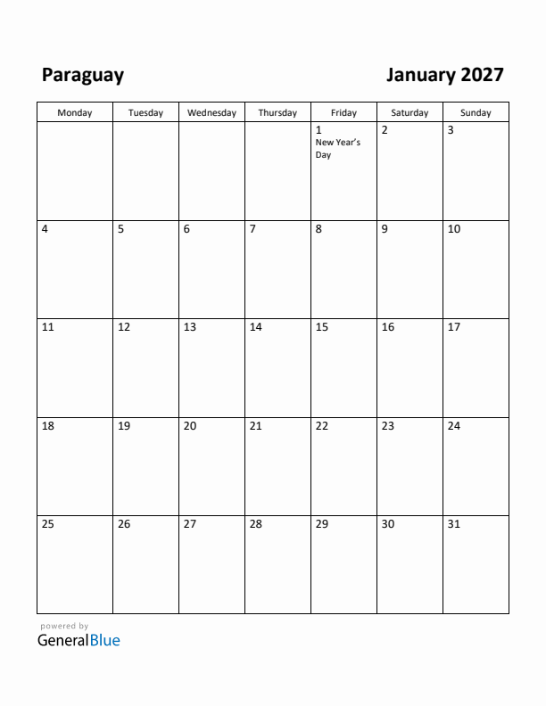 January 2027 Calendar with Paraguay Holidays