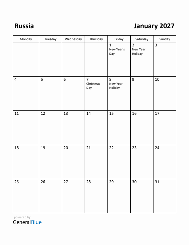 January 2027 Calendar with Russia Holidays