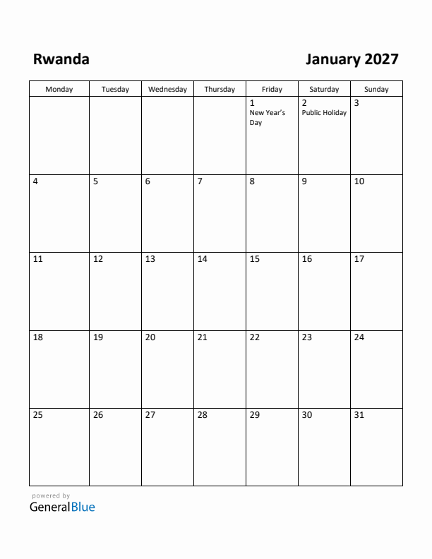 January 2027 Calendar with Rwanda Holidays