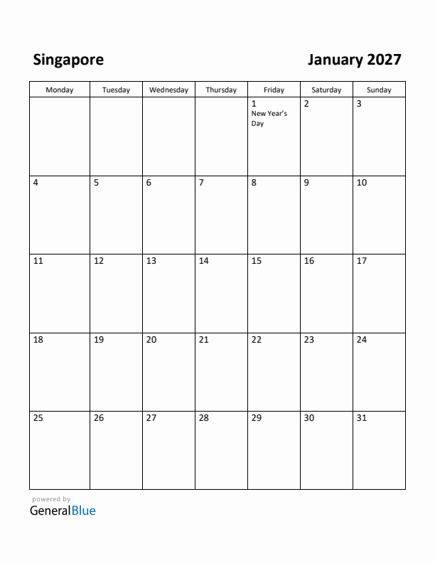 January 2027 Calendar with Singapore Holidays