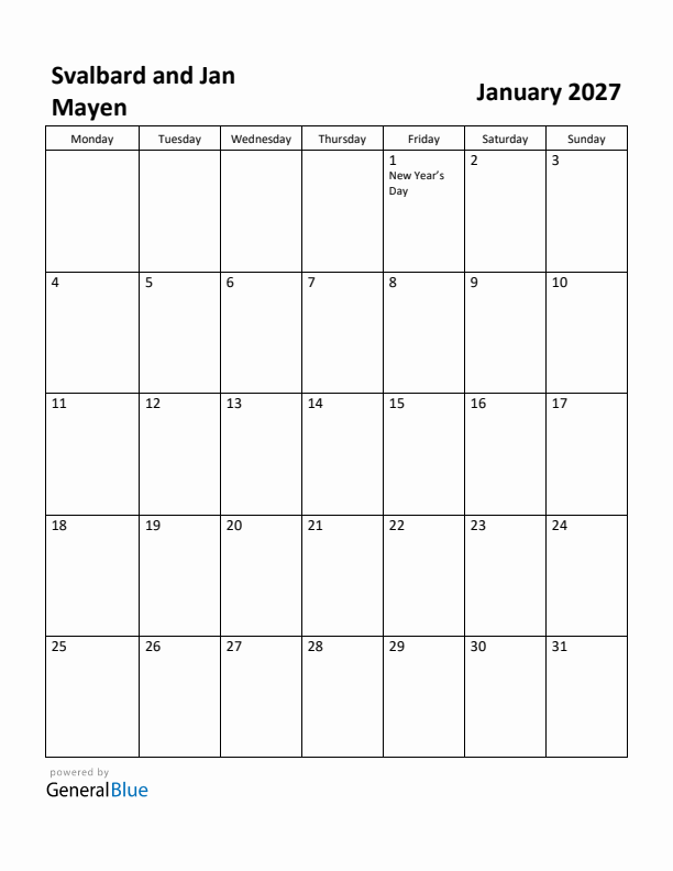 January 2027 Calendar with Svalbard and Jan Mayen Holidays