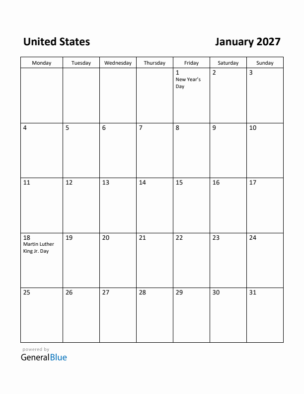 January 2027 Calendar with United States Holidays