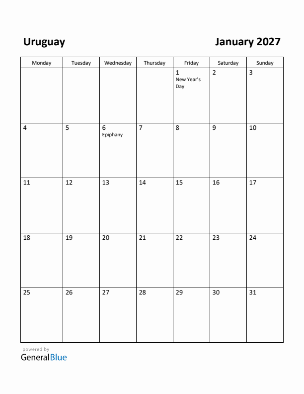 January 2027 Calendar with Uruguay Holidays