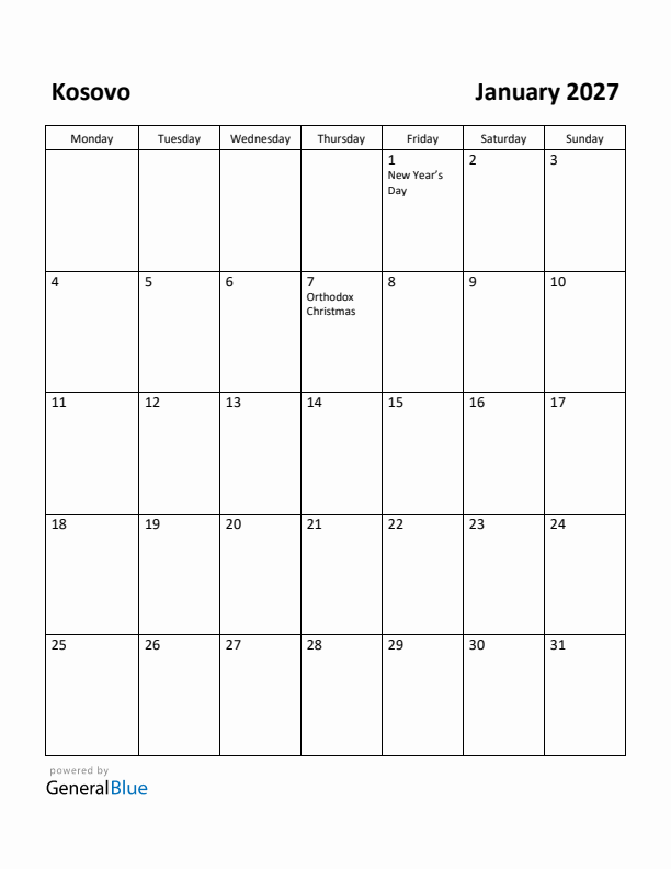 January 2027 Calendar with Kosovo Holidays