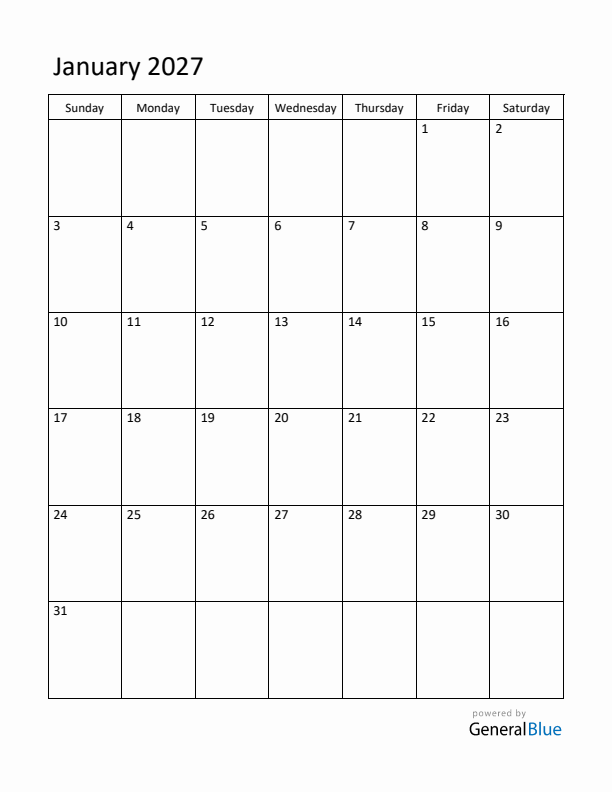 Sunday Start Calendar for January 2027