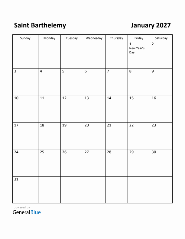 January 2027 Calendar with Saint Barthelemy Holidays