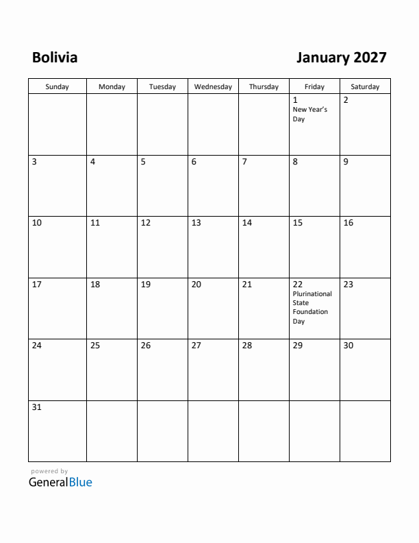 January 2027 Calendar with Bolivia Holidays