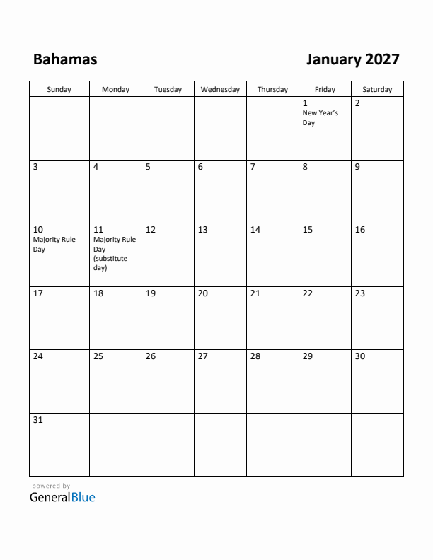 January 2027 Calendar with Bahamas Holidays
