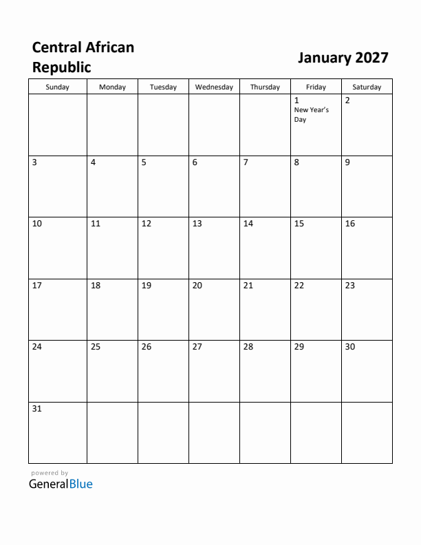 January 2027 Calendar with Central African Republic Holidays