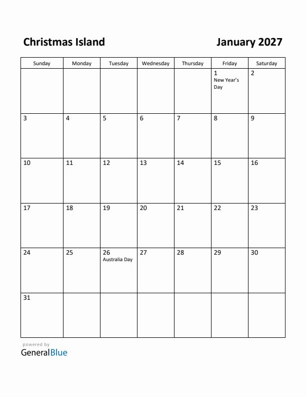 January 2027 Calendar with Christmas Island Holidays
