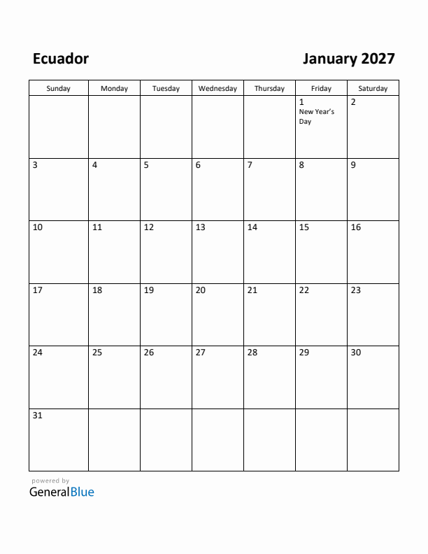 January 2027 Calendar with Ecuador Holidays