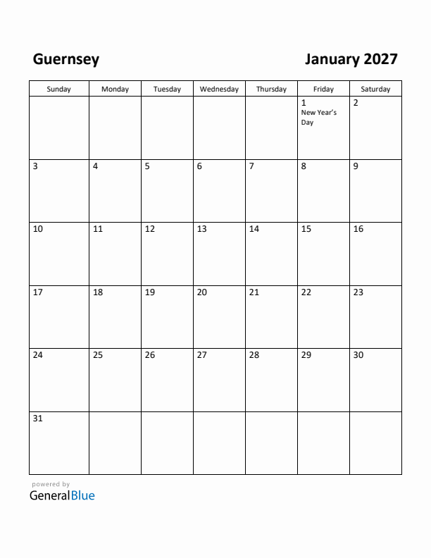 January 2027 Calendar with Guernsey Holidays