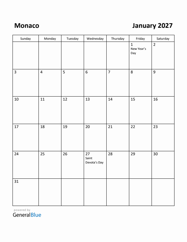 January 2027 Calendar with Monaco Holidays