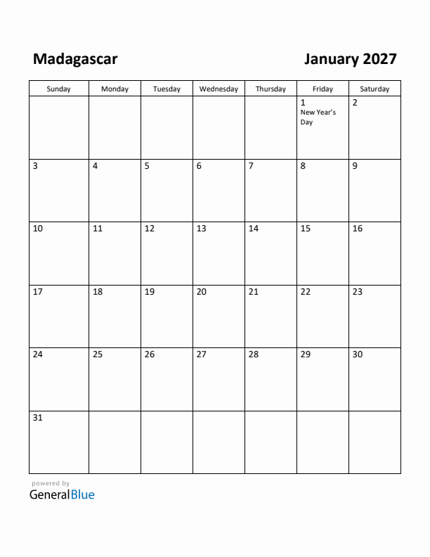 January 2027 Calendar with Madagascar Holidays