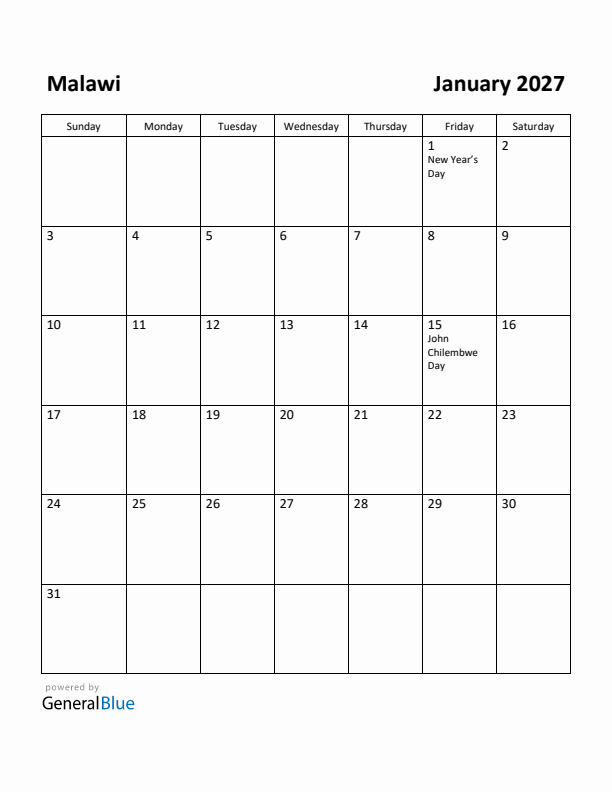 January 2027 Calendar with Malawi Holidays