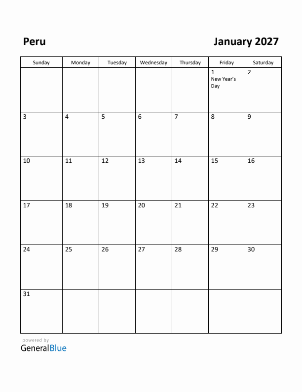 January 2027 Calendar with Peru Holidays