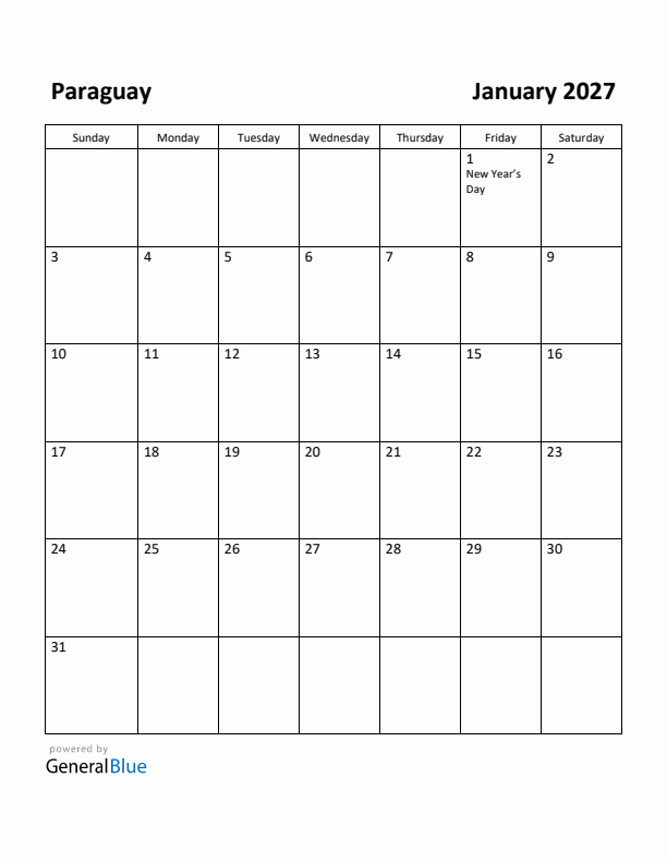 January 2027 Calendar with Paraguay Holidays