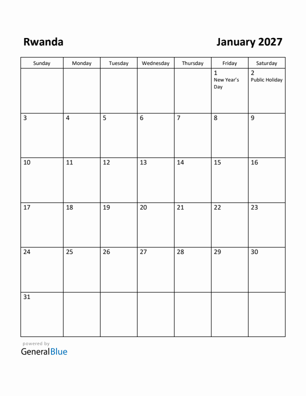 January 2027 Calendar with Rwanda Holidays