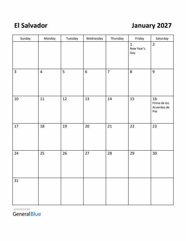 January 2027 Calendar with El Salvador Holidays