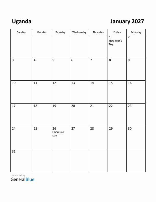 January 2027 Calendar with Uganda Holidays