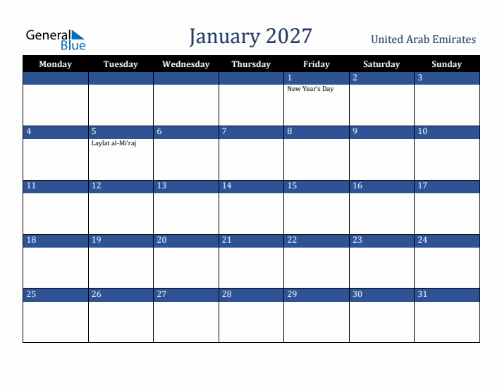 January 2027 United Arab Emirates Calendar (Monday Start)