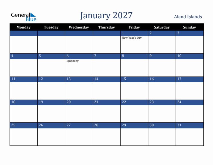 January 2027 Aland Islands Calendar (Monday Start)