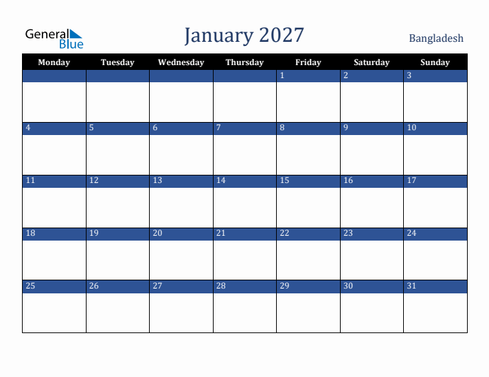 January 2027 Bangladesh Calendar (Monday Start)