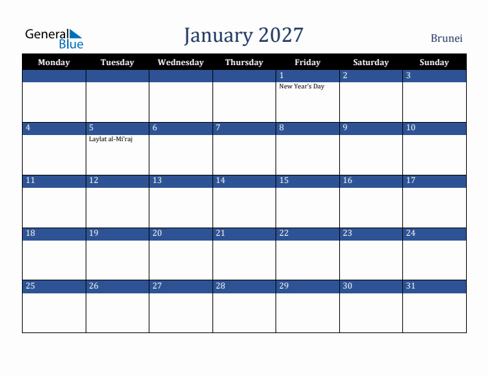 January 2027 Brunei Calendar (Monday Start)