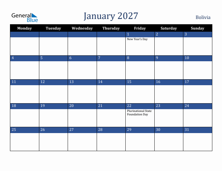 January 2027 Bolivia Calendar (Monday Start)