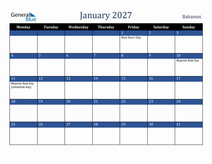 January 2027 Bahamas Calendar (Monday Start)