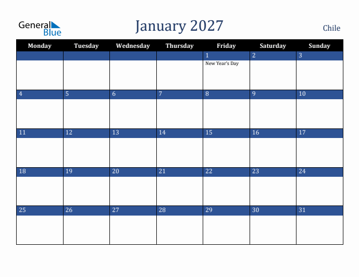 January 2027 Chile Calendar (Monday Start)