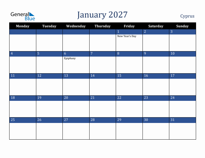 January 2027 Cyprus Calendar (Monday Start)