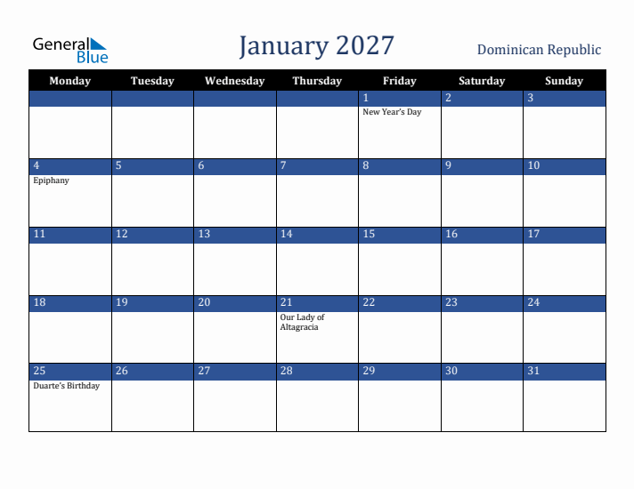 January 2027 Dominican Republic Calendar (Monday Start)
