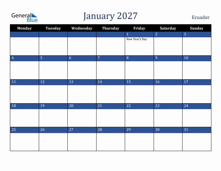 January 2027 Ecuador Calendar (Monday Start)