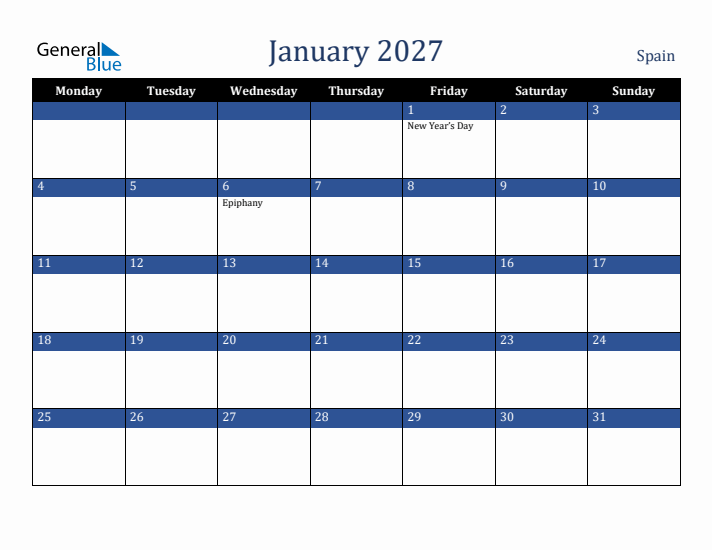 January 2027 Spain Calendar (Monday Start)