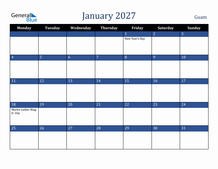 January 2027 Guam Calendar (Monday Start)